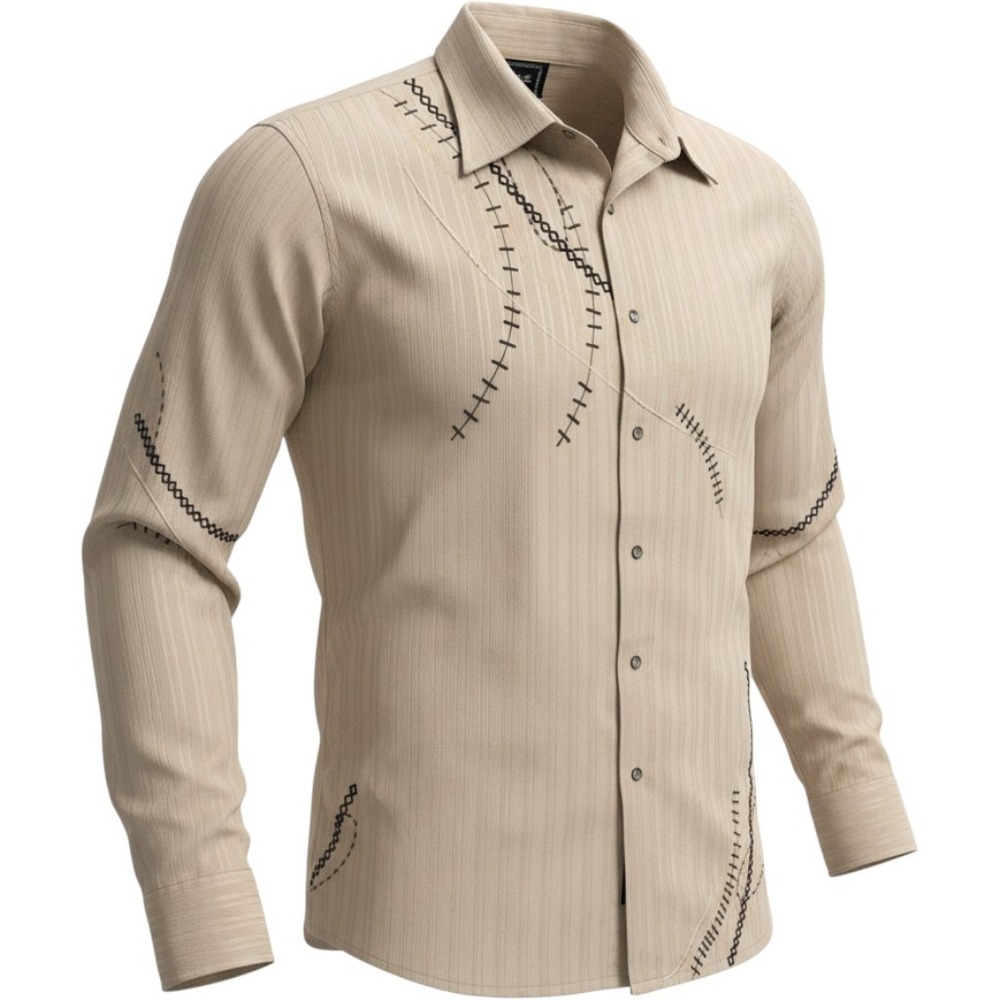 Saxifon Boho Mens Beige Embroidered Stitch Snap Front Shirt Large L Long Sleeve